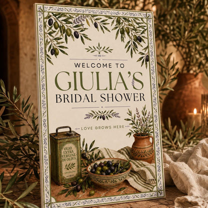 Rustic Mediterranean Bridal Shower Welcome Sign — welcome sign you personalize in Canva