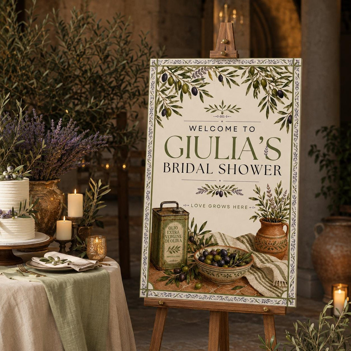 Rustic Mediterranean Bridal Shower Welcome Sign — print-ready bridal shower design from VoltBy
