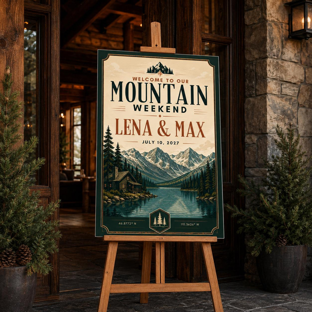 Rustic Mountain Wedding Welcome Sign — lake and mountains design