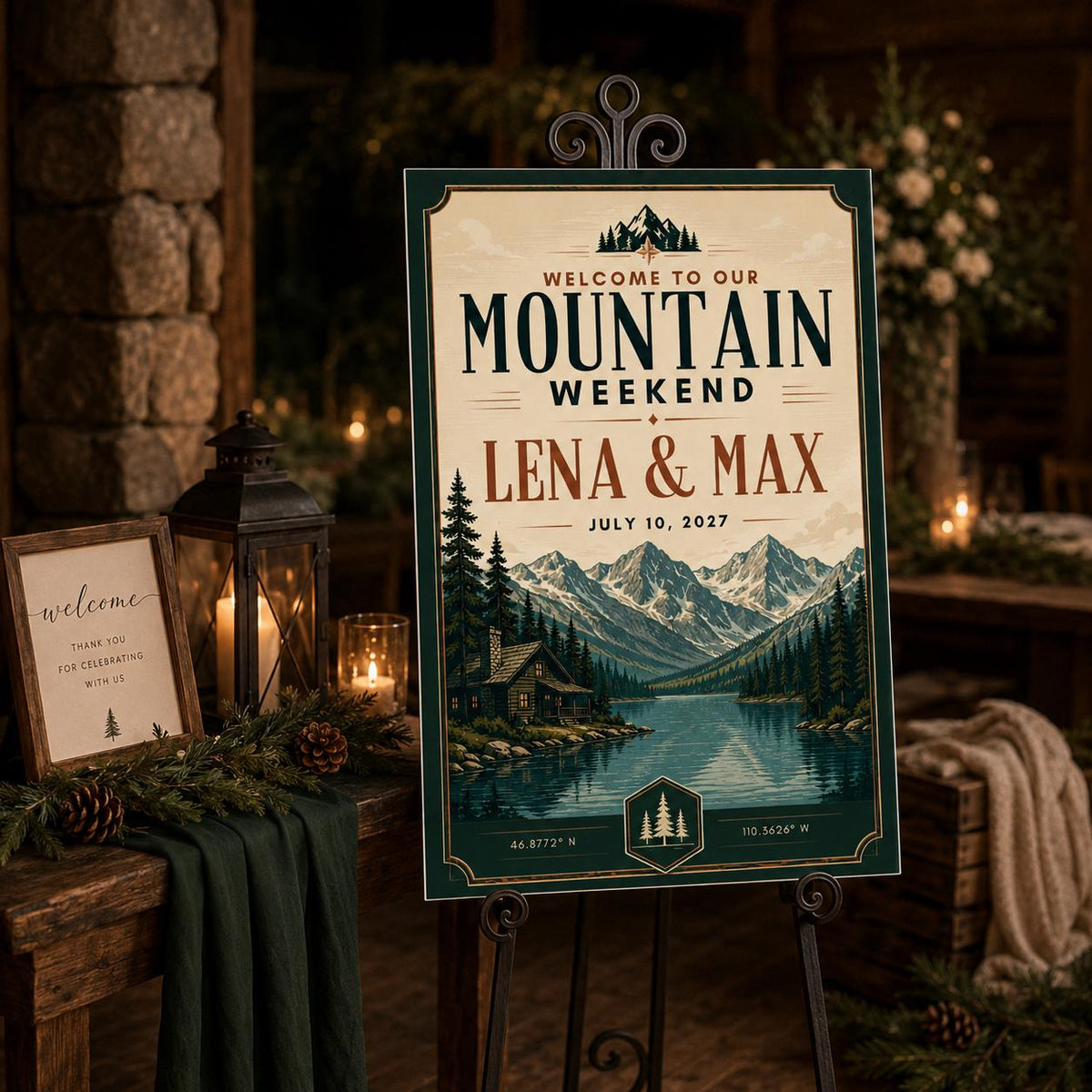 Rustic Mountain Wedding Welcome Sign — print-ready wedding design from VoltBy