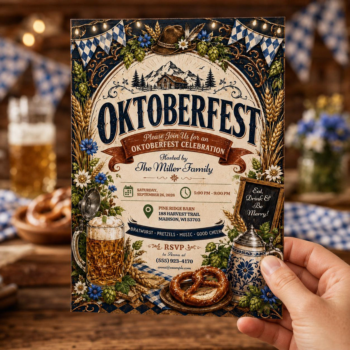 Rustic Oktoberfest Alpine Beer Garden Invitation — invitation you personalize in Canva