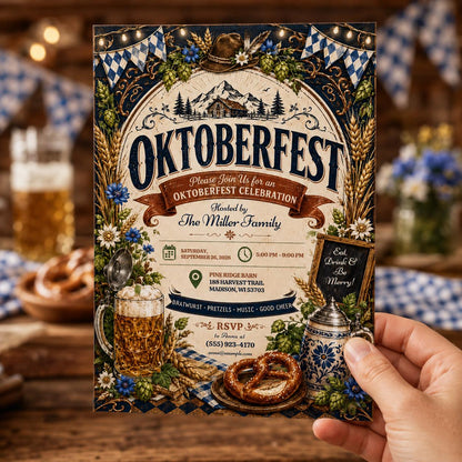 Rustic Oktoberfest Alpine Beer Garden Invitation — invitation you personalize in Canva
