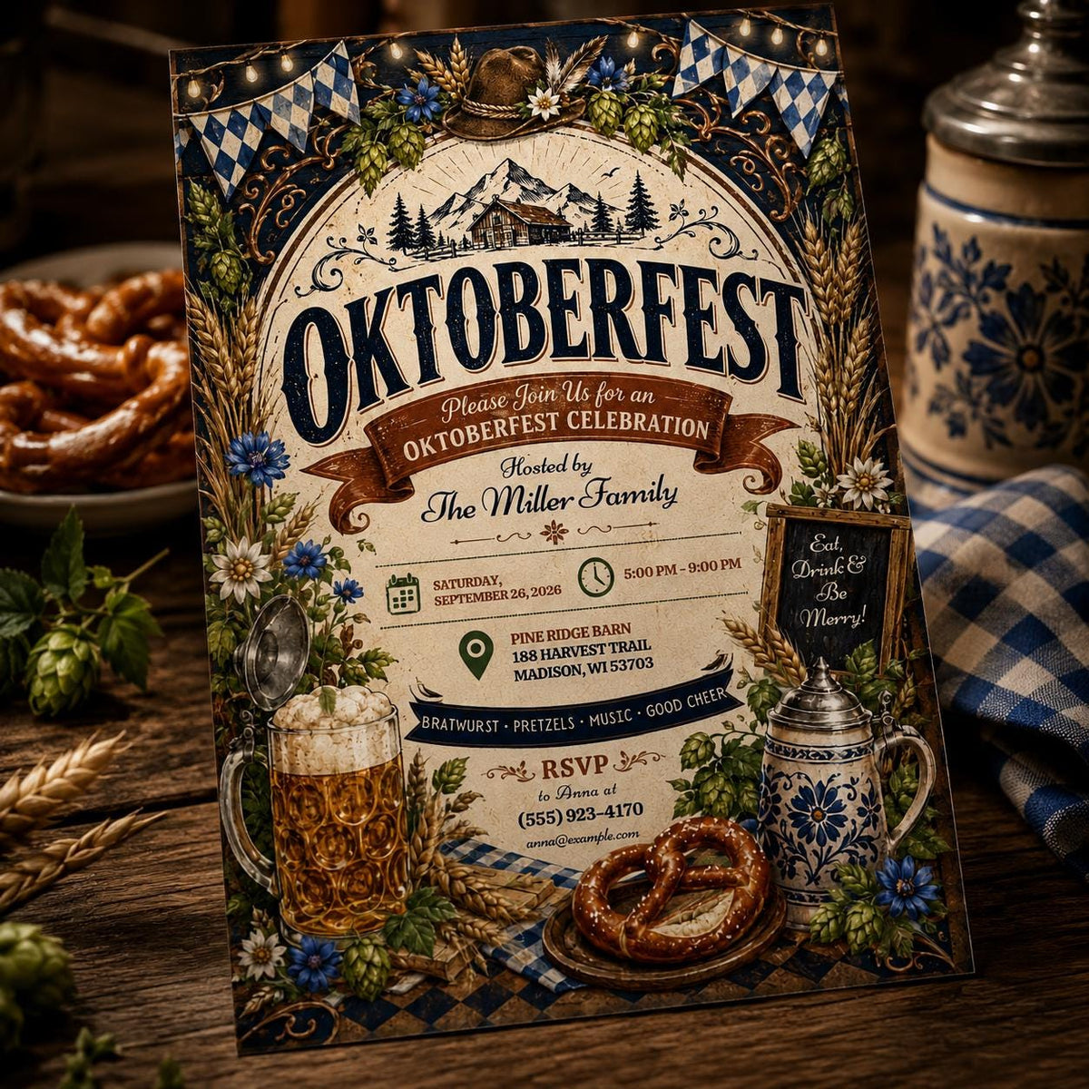 Rustic Oktoberfest Alpine Beer Garden Invitation — digital invitation, instant download