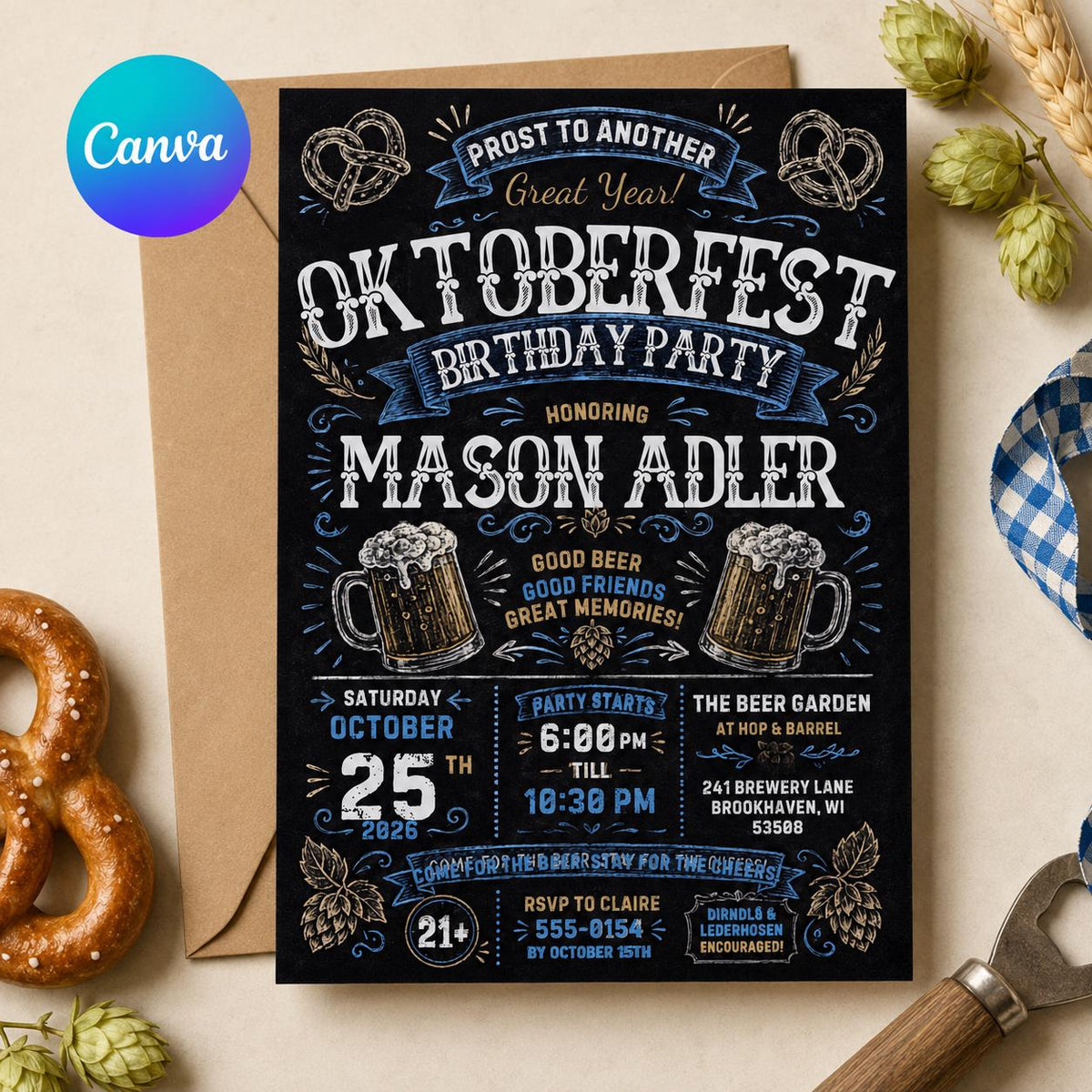 Rustic Oktoberfest Birthday Invitation — editable Canva template