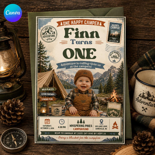 Rustic One Happy Camper First Birthday Invitation — editable Canva template