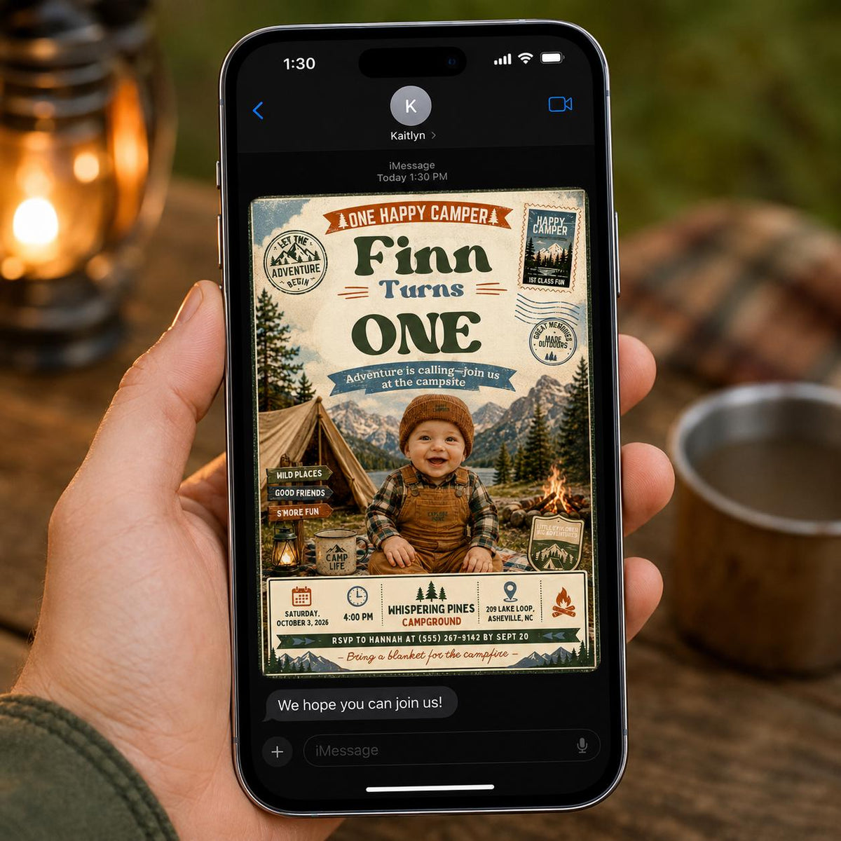 Rustic One Happy Camper First Birthday Invitation — camping design