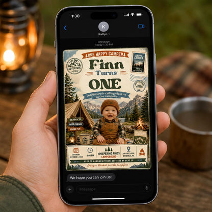 Rustic One Happy Camper First Birthday Invitation — camping design