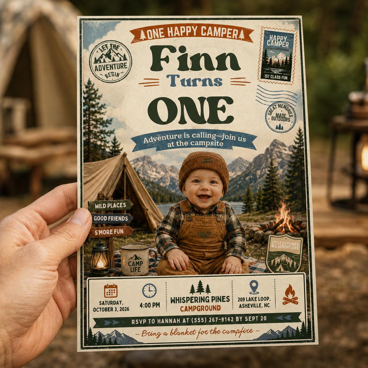 Rustic One Happy Camper First Birthday Invitation — invitation you personalize in Canva
