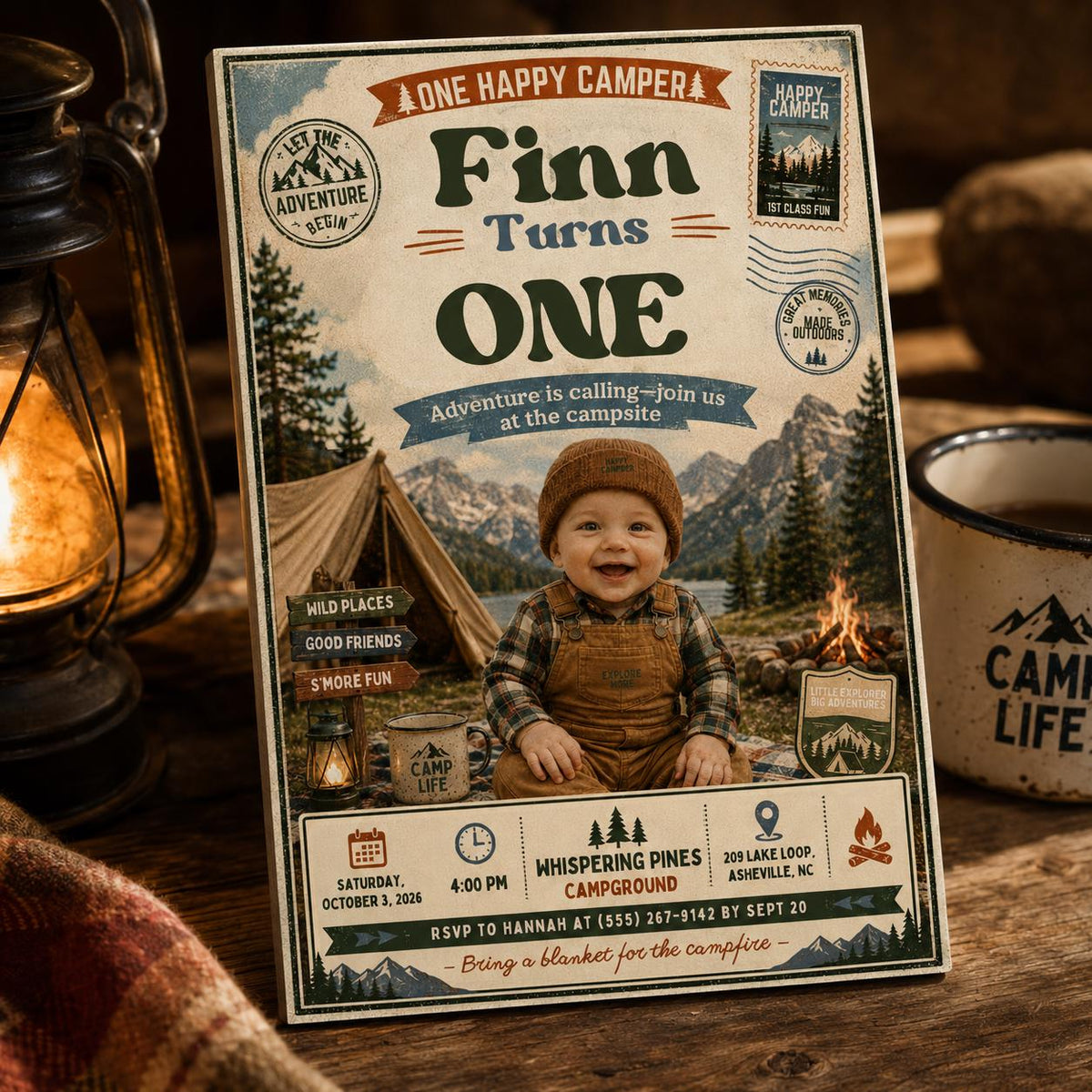 Rustic One Happy Camper First Birthday Invitation — digital invitation, instant download