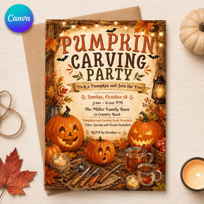 Rustic Pumpkin Carving Party Invitation: Rustic Fall Halloween — editable Canva template