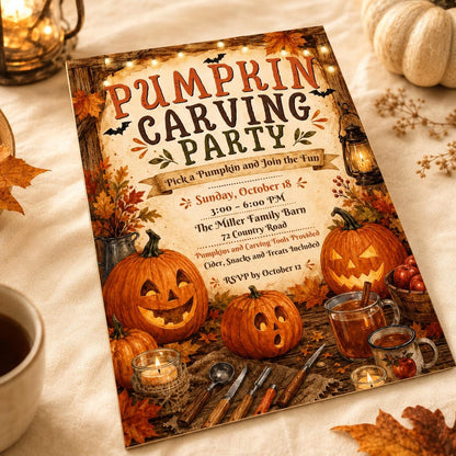 Rustic Pumpkin Carving Party Invitation: Rustic Fall Halloween — invitation you personalize in Canva