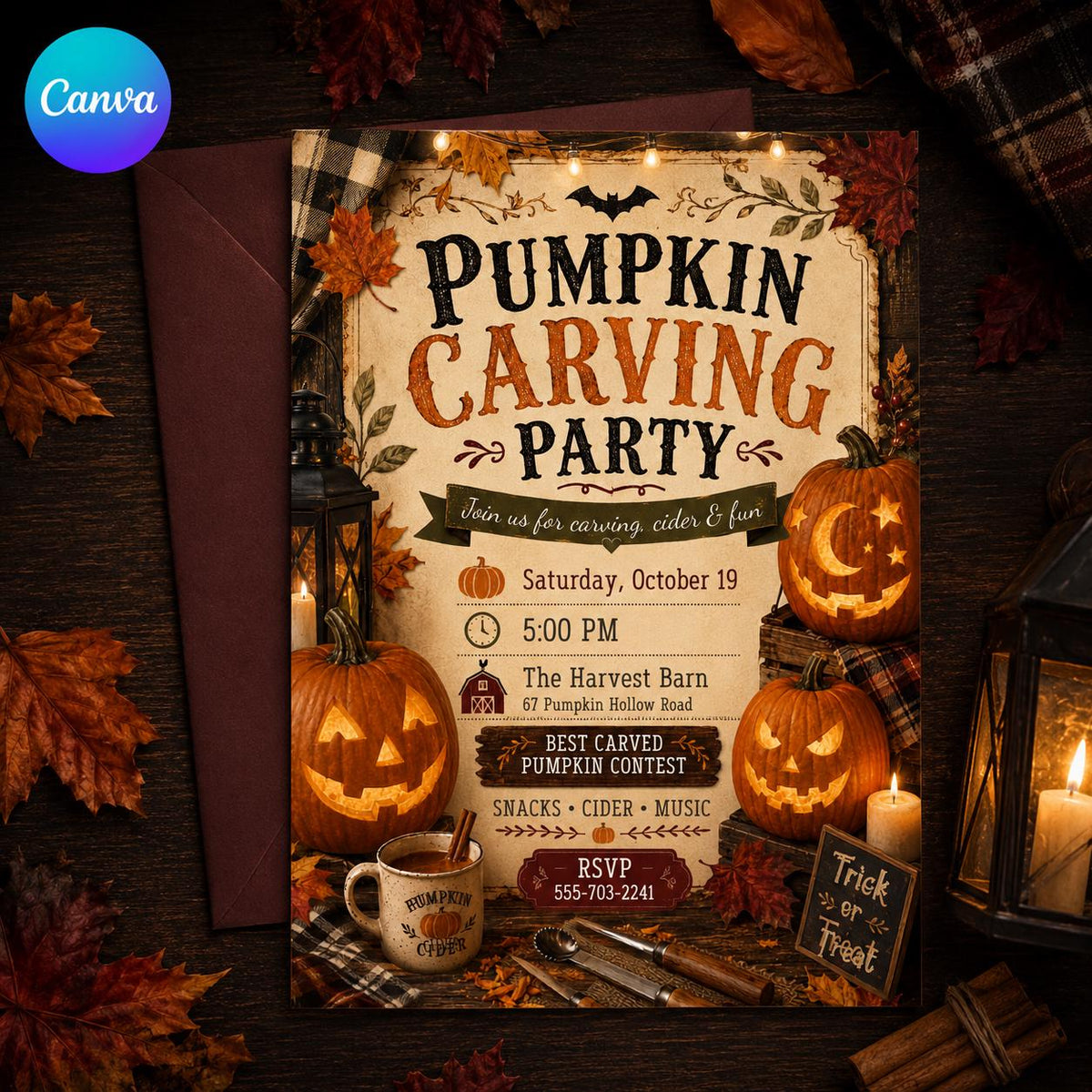 Rustic Pumpkin Carving Party Invitation: Rustic Fall Halloween Contest with Cider — editable Canva template