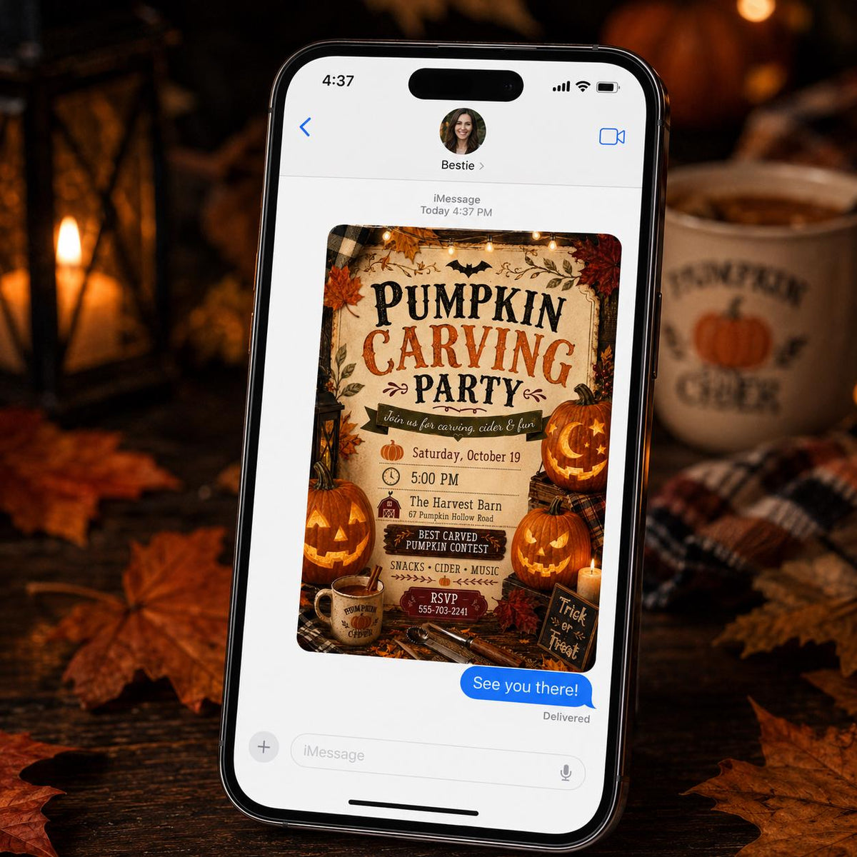 Rustic Pumpkin Carving Party Invitation: Rustic Fall Halloween Contest with Cider — digital invitation, instant download
