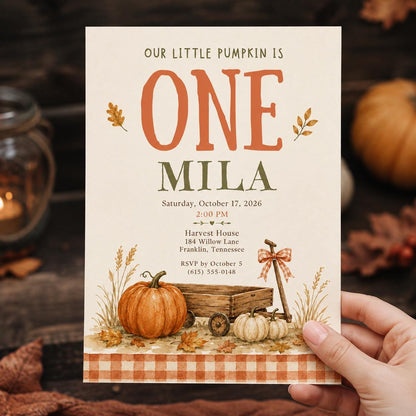 Rustic Pumpkin Crate First Birthday Invitation — invitation you personalize in Canva