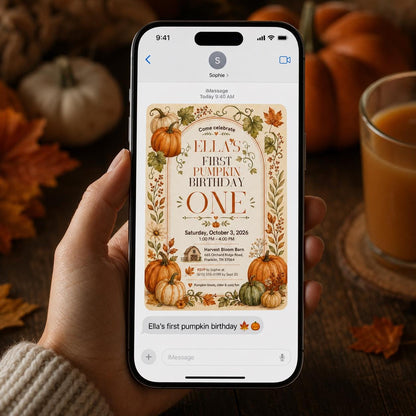 Rustic Pumpkin First Birthday Invitation — invitation you personalize in Canva