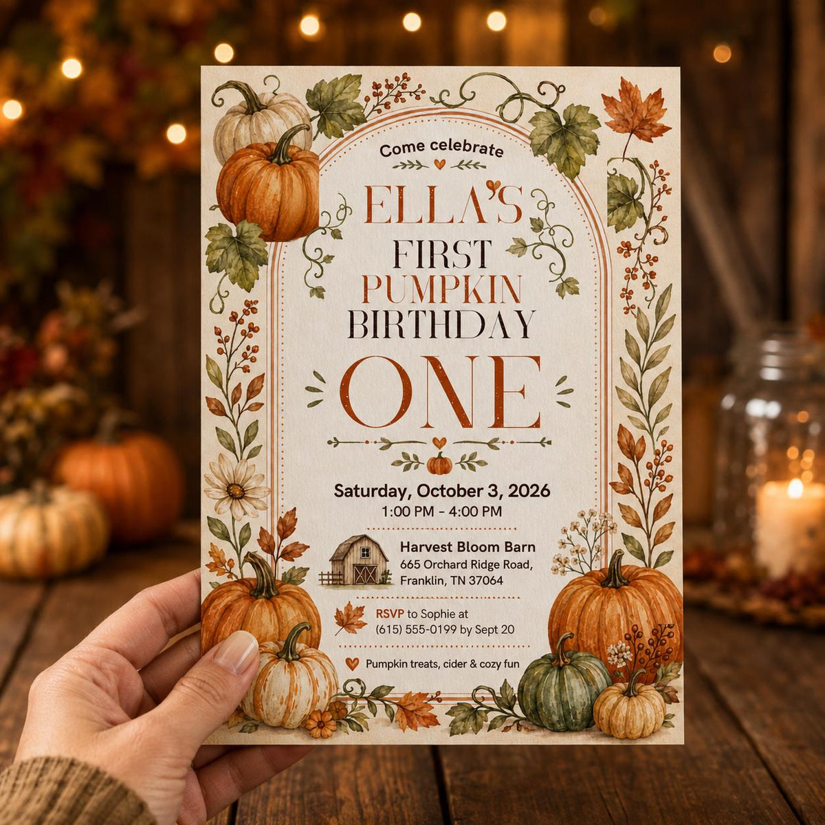 Rustic Pumpkin First Birthday Invitation — print-ready first birthday design from VoltBy