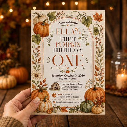 Rustic Pumpkin First Birthday Invitation — print-ready first birthday design from VoltBy