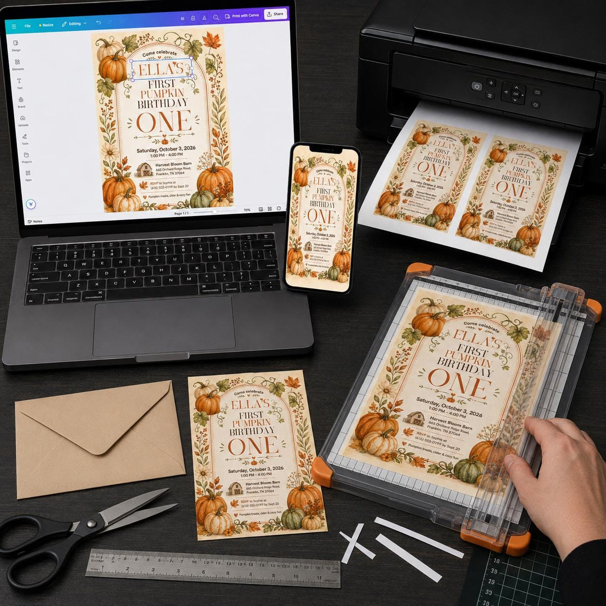 Rustic Pumpkin First Birthday Invitation — digital invitation, instant download