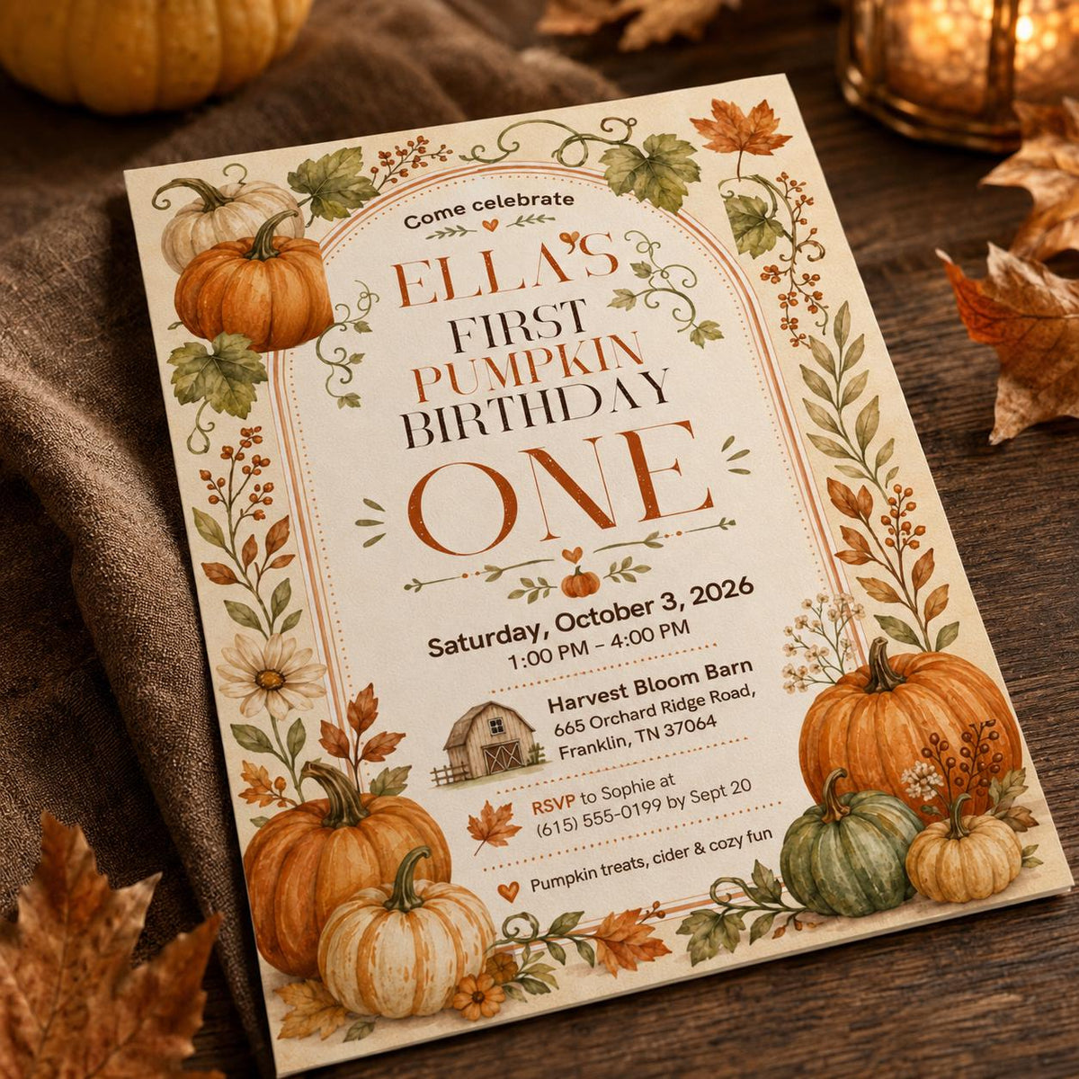 Rustic Pumpkin First Birthday Invitation — first birthday stationery by VoltBy
