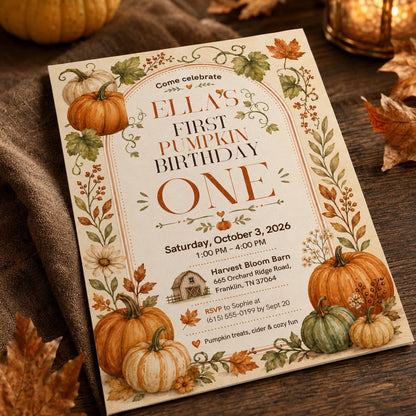 Rustic Pumpkin First Birthday Invitation — first birthday stationery by VoltBy