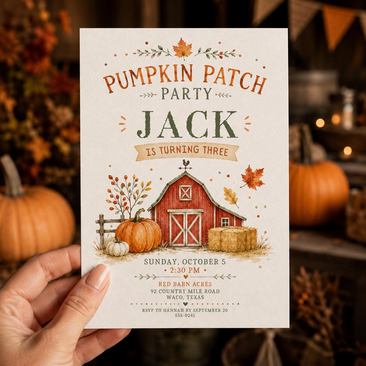 Rustic Pumpkin Patch 3rd Birthday Invitation — print-ready 3rd birthday party design from VoltBy