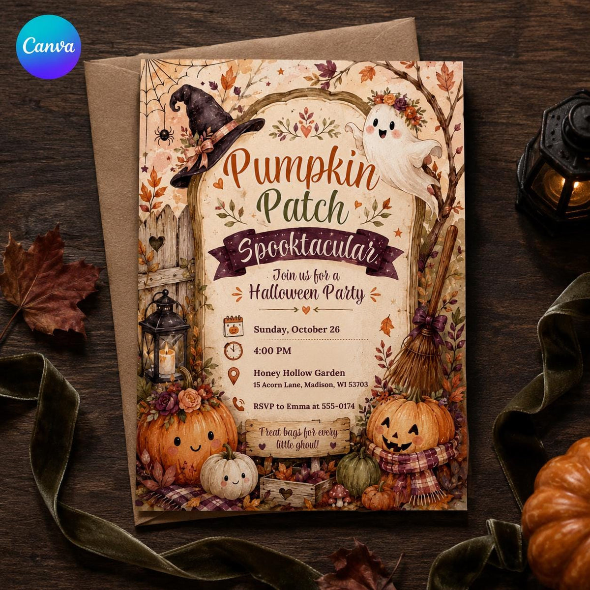 Rustic Pumpkin Patch Halloween Invitation — editable Canva template