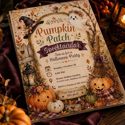 Rustic Pumpkin Patch Halloween Invitation — ghost design