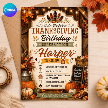 Rustic Thanksgiving 8th Birthday Invitation for Girls — editable Canva template