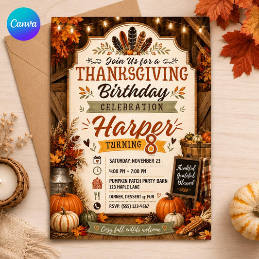 Rustic Thanksgiving 8th Birthday Invitation for Girls — editable Canva template