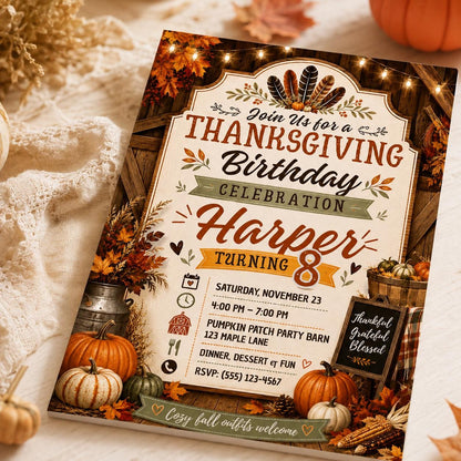 Rustic Thanksgiving 8th Birthday Invitation for Girls — harvest and turkey design