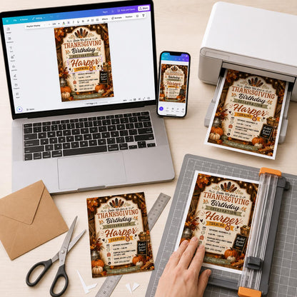 Rustic Thanksgiving 8th Birthday Invitation for Girls — invitation you personalize in Canva