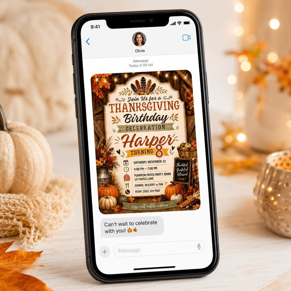 Rustic Thanksgiving 8th Birthday Invitation for Girls — print-ready 8th birthday party design from VoltBy