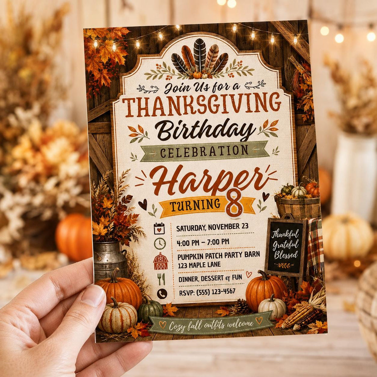 Rustic Thanksgiving 8th Birthday Invitation for Girls — digital invitation, instant download