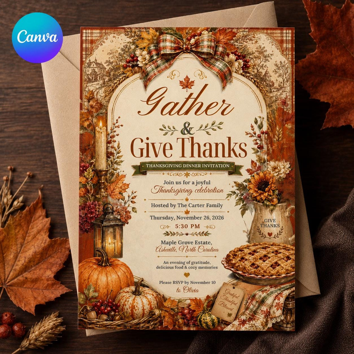 Rustic Thanksgiving Dinner Invitation — editable Canva template