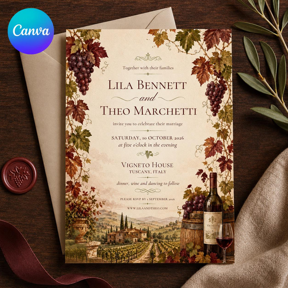 Rustic Tuscany Vineyard Wedding Invitation — editable Canva template