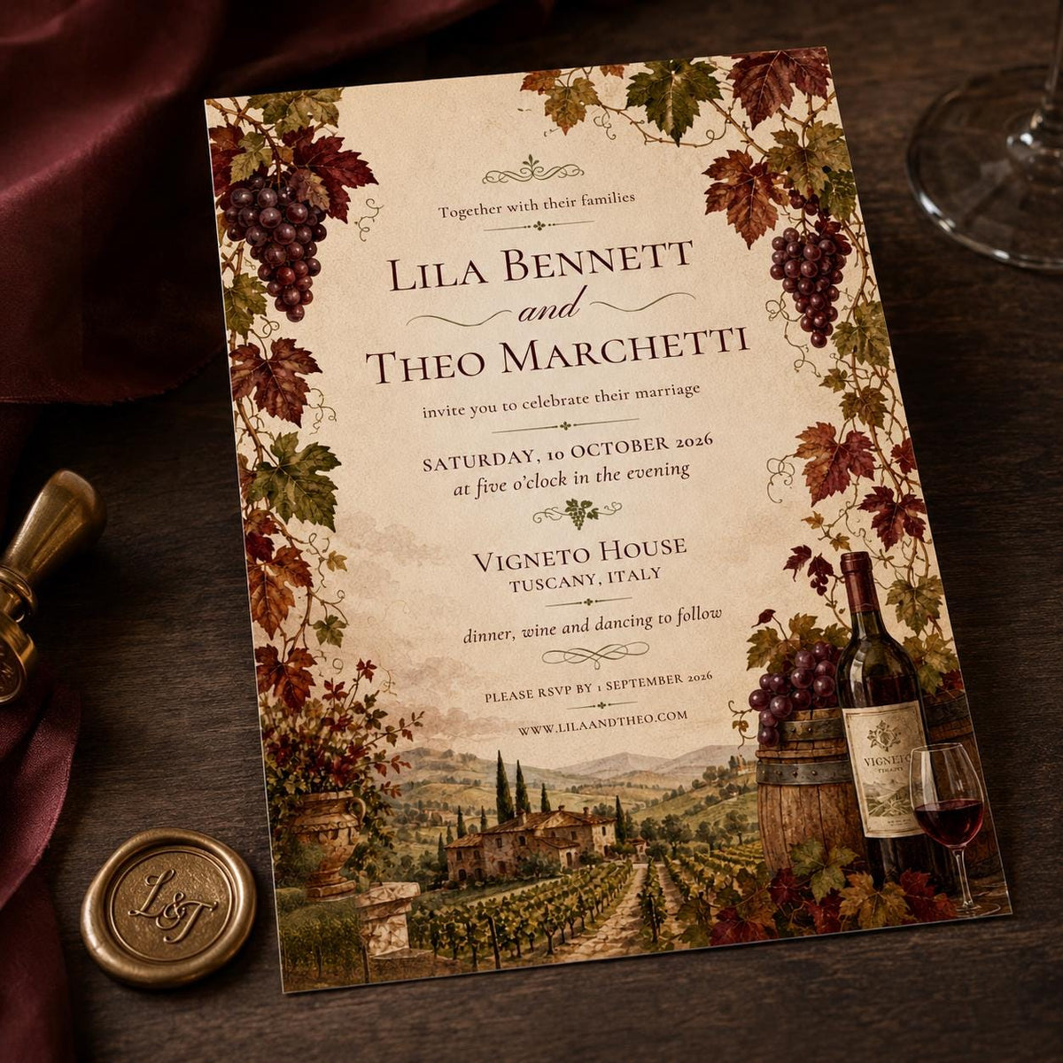 Rustic Tuscany Vineyard Wedding Invitation — invitation you personalize in Canva