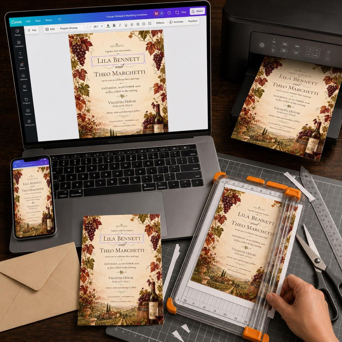 Rustic Tuscany Vineyard Wedding Invitation — print-ready wedding design from VoltBy