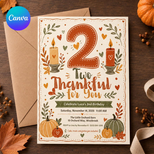 Rustic Two Thankful Birthday Invitation — editable Canva template