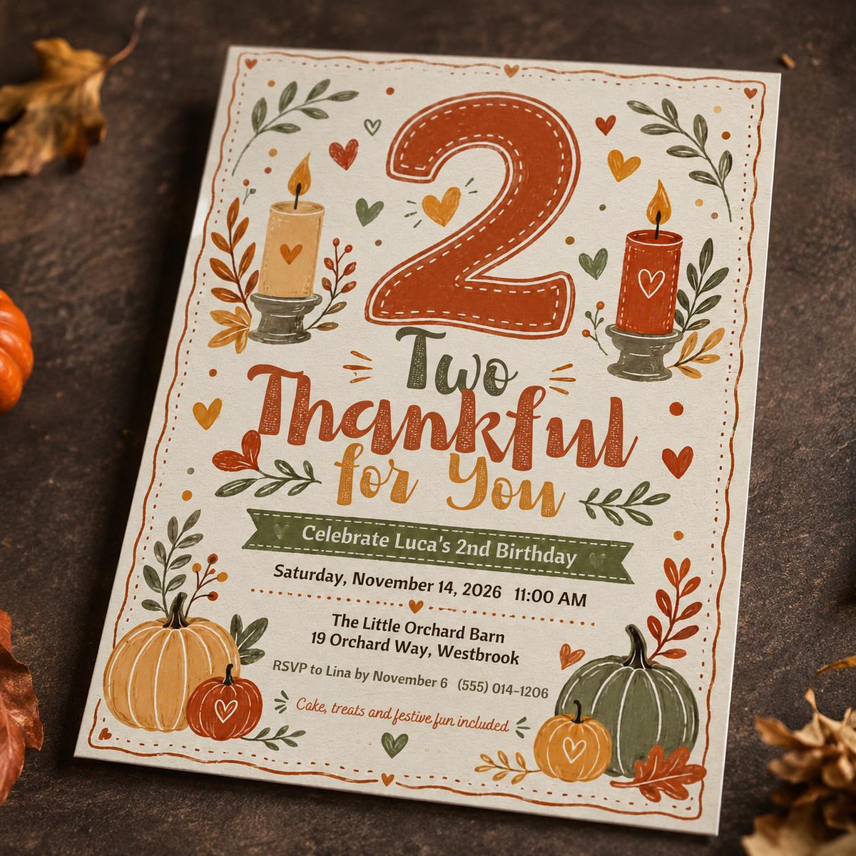 Rustic Two Thankful Birthday Invitation — invitation you personalize in Canva