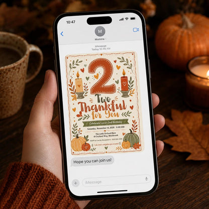 Rustic Two Thankful Birthday Invitation — print-ready 2nd birthday party design from VoltBy