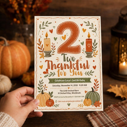 Rustic Two Thankful Birthday Invitation — digital invitation, instant download
