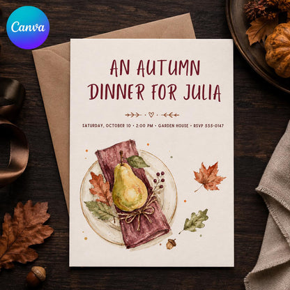 Rustic Watercolor Autumn Dinner Invitation — editable Canva template