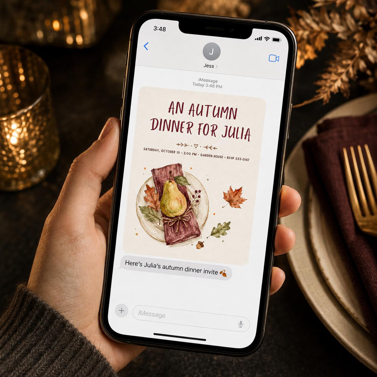 Rustic Watercolor Autumn Dinner Invitation — pear design