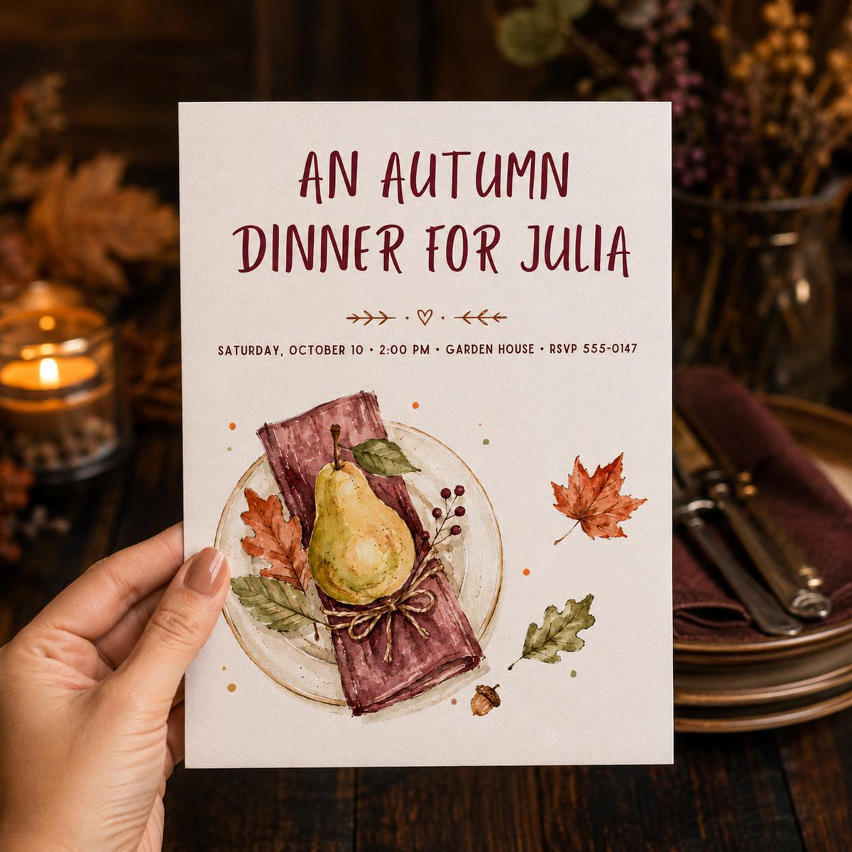 Rustic Watercolor Autumn Dinner Invitation — invitation you personalize in Canva