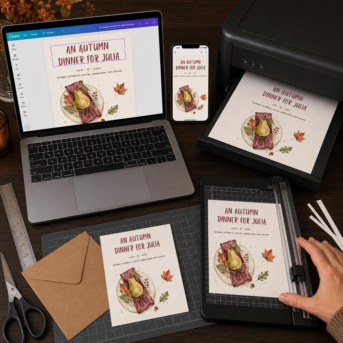 Rustic Watercolor Autumn Dinner Invitation — print-ready dinner party design from VoltBy
