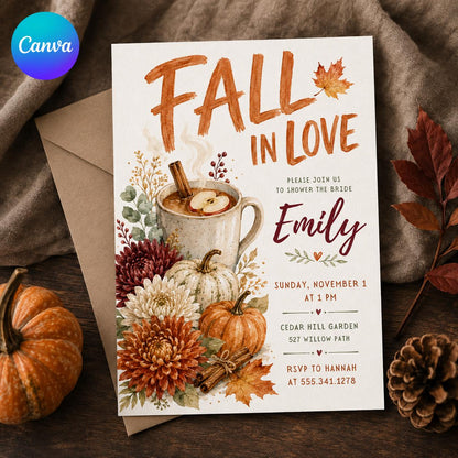 Rustic Watercolor Fall in Love Bridal Shower Invitation — editable Canva template
