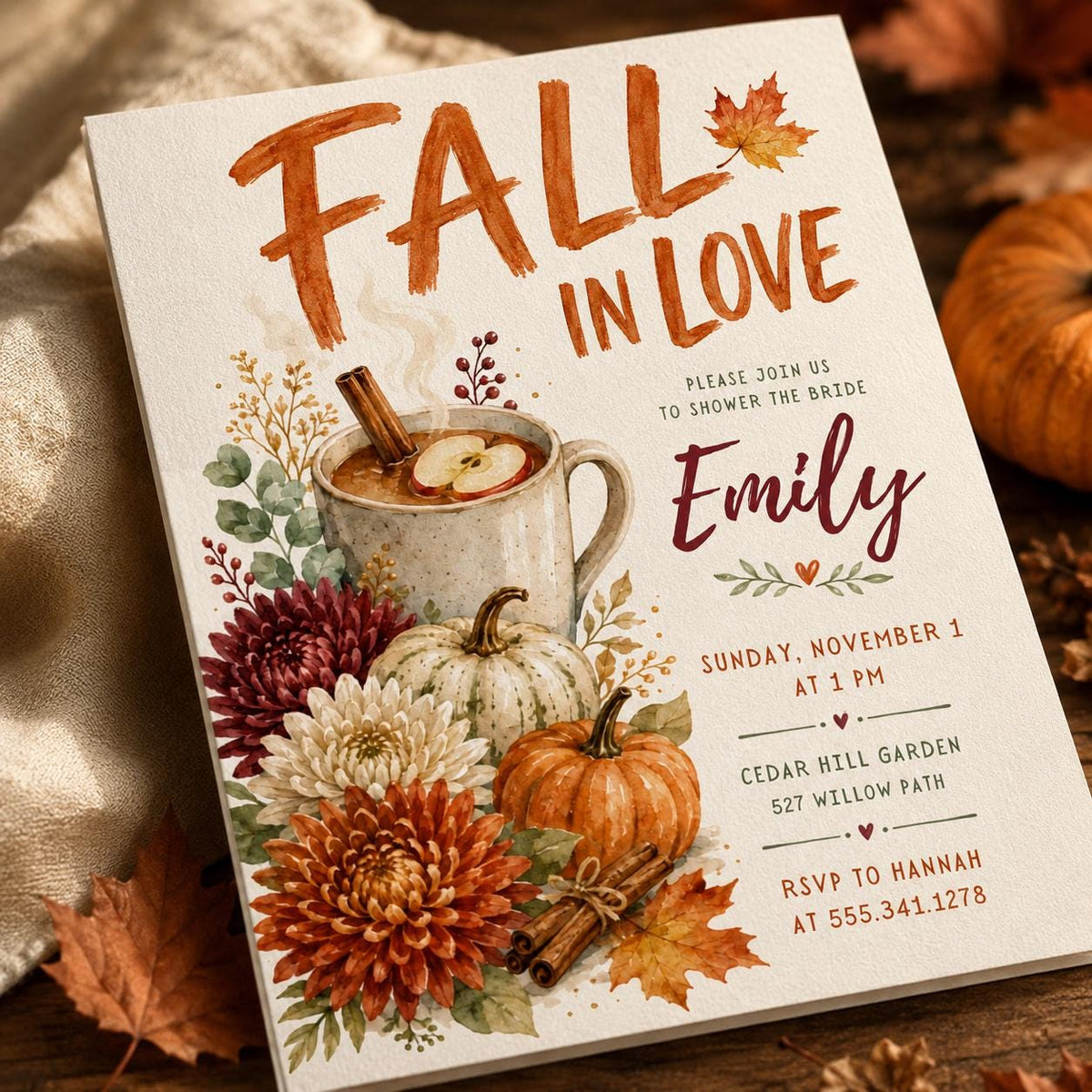 Rustic Watercolor Fall in Love Bridal Shower Invitation — print-ready bridal shower design from VoltBy
