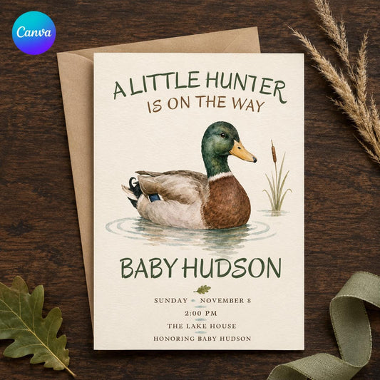 Rustic Watercolor Mallard Duck Baby Shower Invitation — editable Canva template