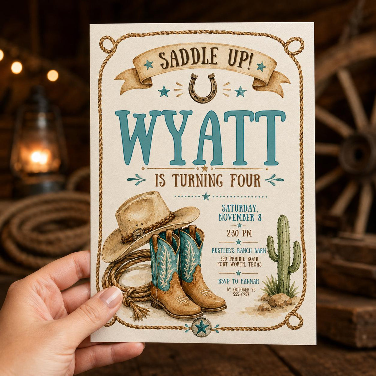Rustic Western Cowboy 4th Birthday Invitation — print-ready 4th birthday party design from VoltBy