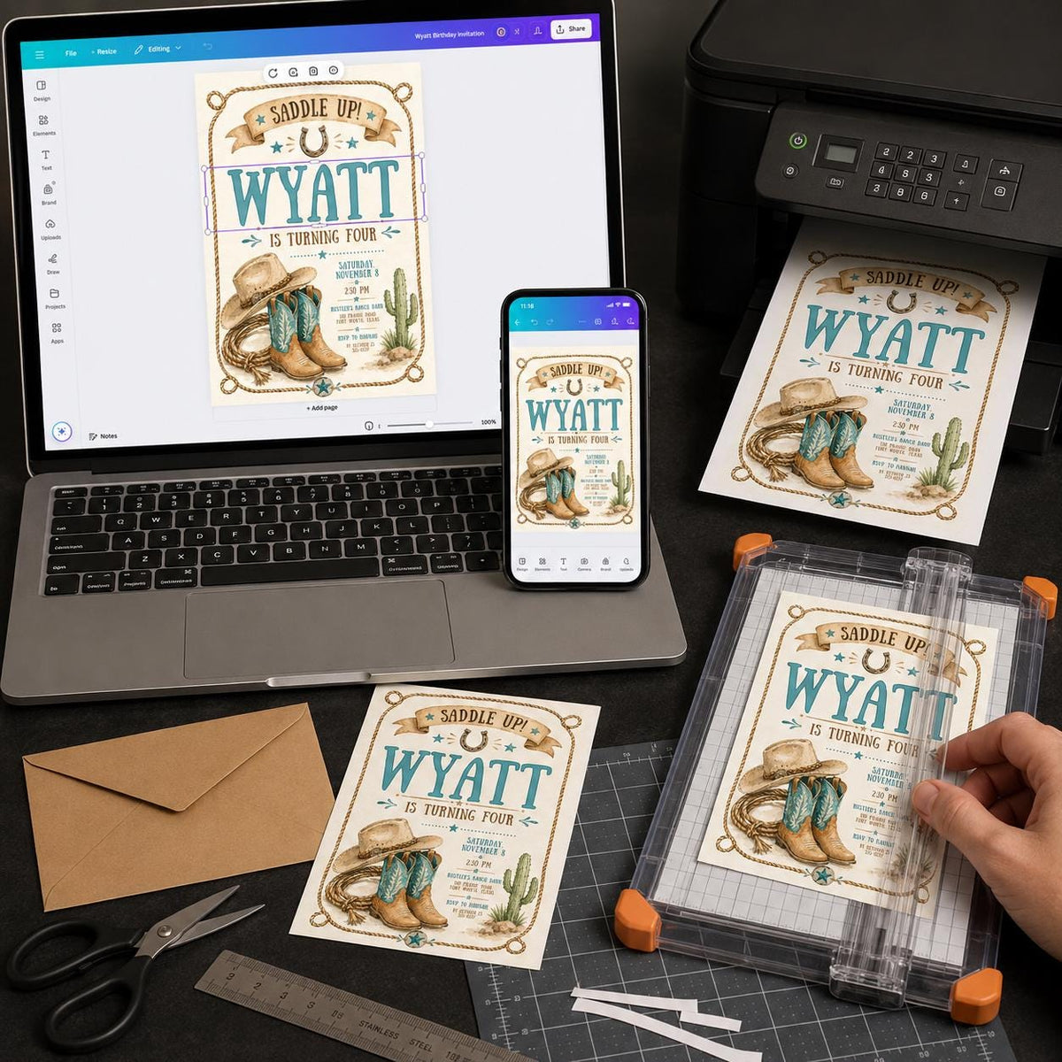 Rustic Western Cowboy 4th Birthday Invitation — digital invitation, instant download